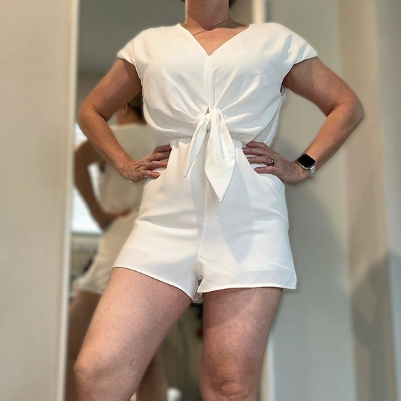 She + Sky Pants - White Romper with Tie Front